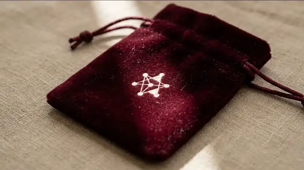 Burgundy Velvet Jewelry Pouch Close Up Texture Detail Macro close-up of deep burgundy velvet jewelry pouch showing short dense pile texture catching directional light with rose gold foil logo