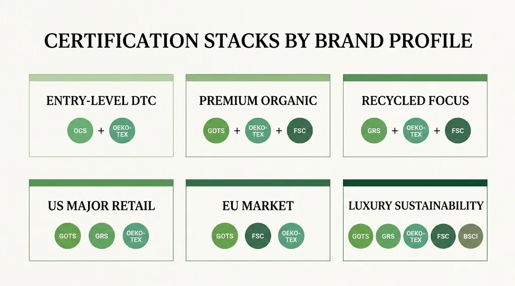 Certification Stack Strategy by Brand Profile Chart Blog Editorial matrix showing recommended sustainability certification stacks for different jewelry brand profiles and retail channels