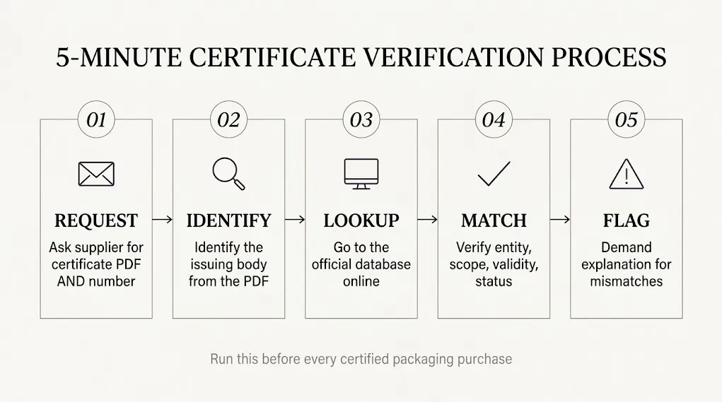 Five Step Certification Verification Process Chart Blog Editorial process chart showing the 5-step method to verify sustainability certificates before bulk purchase