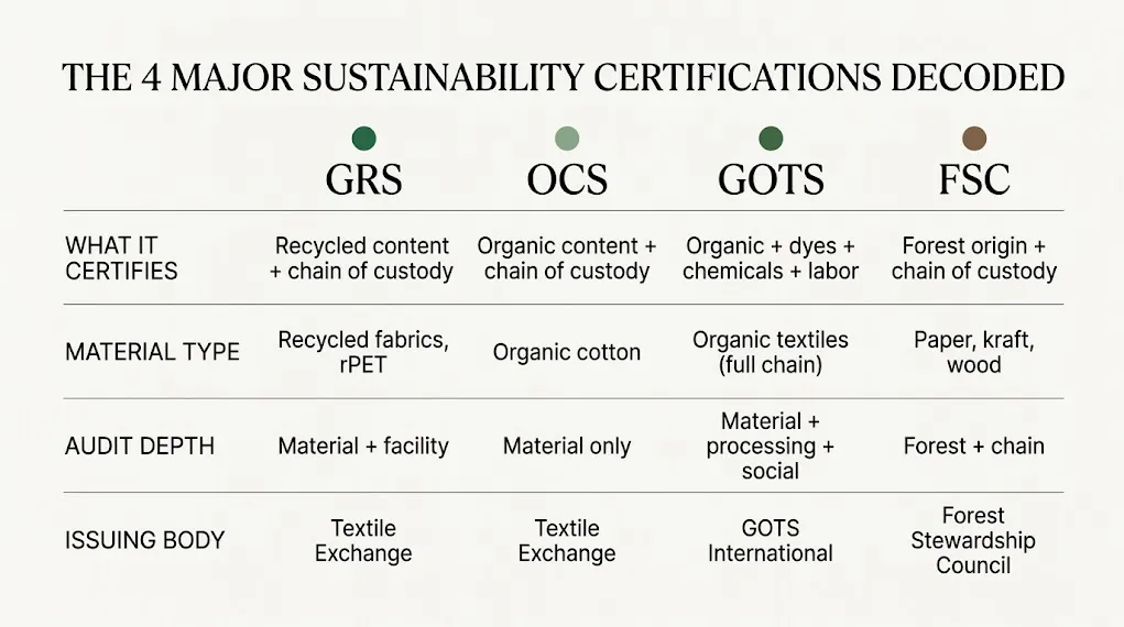Four Sustainability Certifications Comparison Chart Grs Ocs Gots Fsc Blog Editorial chart comparing GRS OCS GOTS and FSC certifications showing what each certifies and applies to