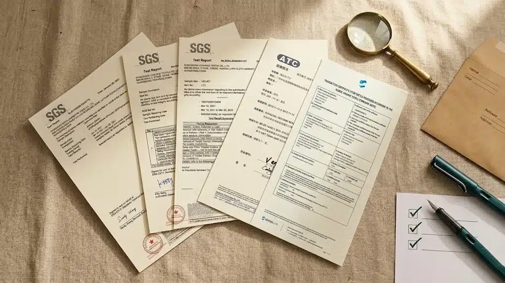 Real Verified Sustainability Certificates with Numbers and Qr Codes Blog Stack of verified GOTS GRS OEKO-TEX FSC certificates with certificate numbers and verification QR codes showing real third-party documentation
