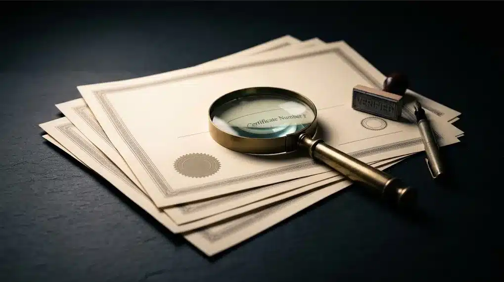 Sustainability Certifications Jewelry Packaging Verification Hero Blog Stack of sustainability certificates with magnifying glass and verification stamp on dark surface representing certification audit