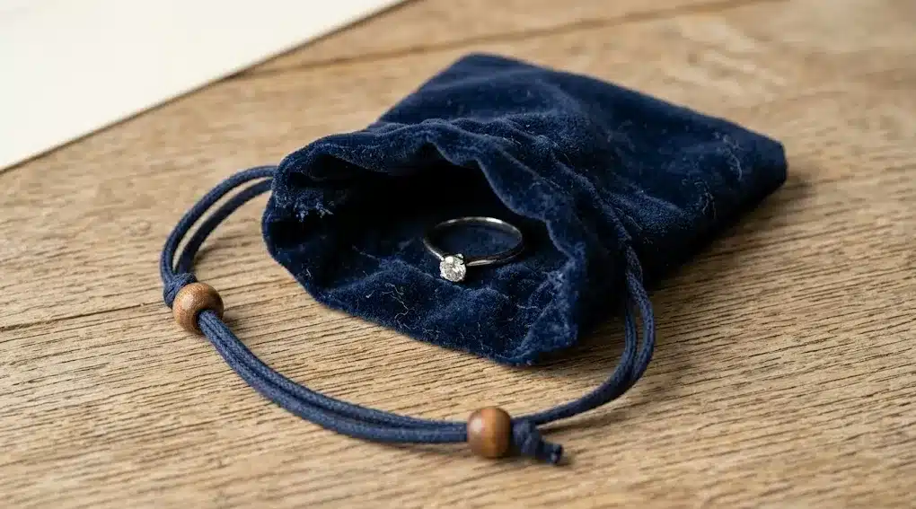 Engagement Ring in Small Velvet Pouch Blog A diamond engagement ring sitting inside an open 2.5x3 inch navy velvet jewelry pouch showing perfect fit