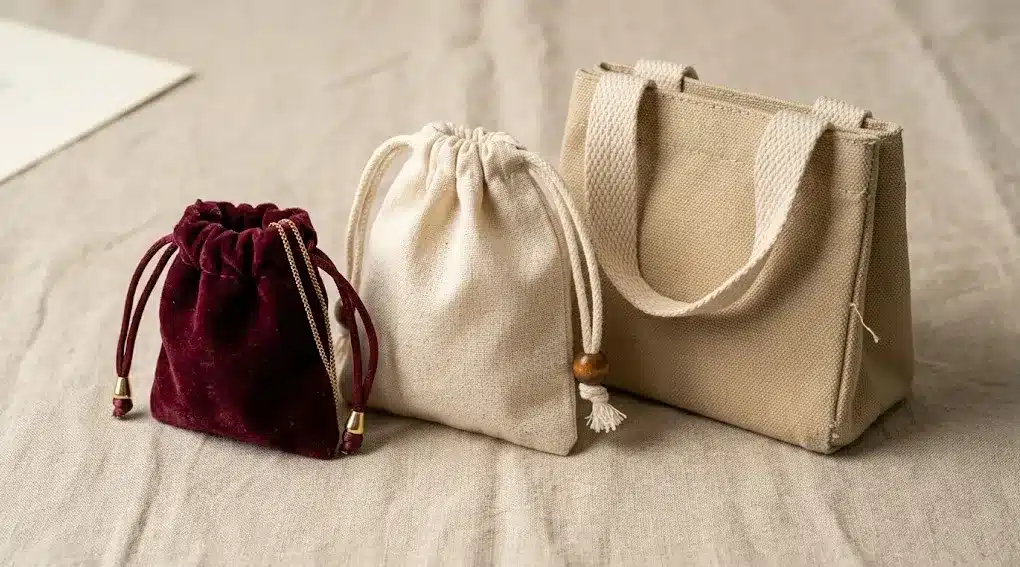 Jewelry Pouch Material and Size Pairing Guide Blog Three jewelry pouches in different materials and sizes showing how material weight pairs with pouch dimensions