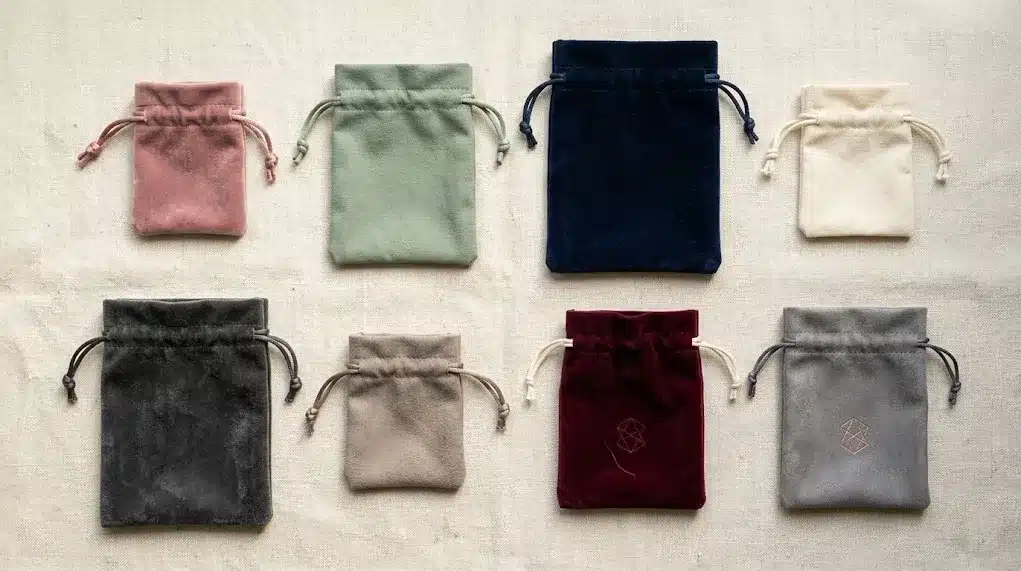 Jewelry Pouch Size Comparison Flat Lay Blog Multiple jewelry pouch sizes arranged neatly showing size differences from small to large