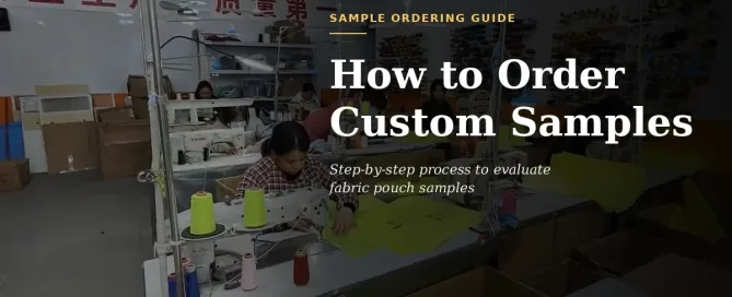 Custom packaging samples ordering guide banner showing fabric pouch sewing factory production line for sample evaluation
