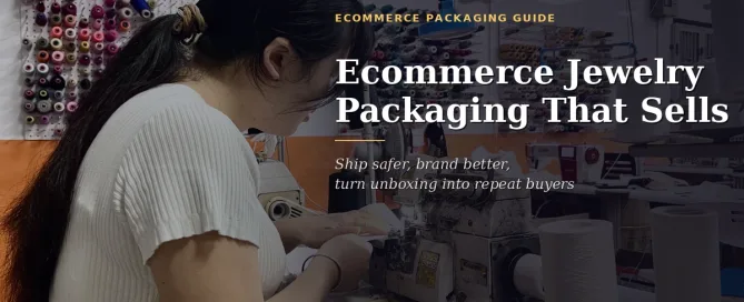 Ecommerce jewelry packaging factory worker overlock sewing custom pouches for shipping
