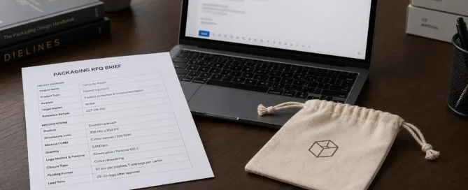 Packaging brief template banner showing structured RFQ document on desk for custom pouch quote requests