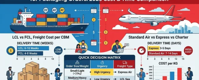 Packaging shipping cost infographic comparing sea freight vs air freight for fabric pouches with LCL FCL costs and 2026 transit times