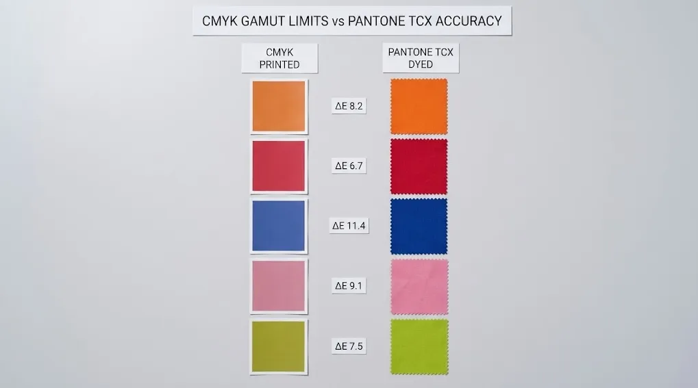 Pantone color matching vs CMYK on fabric showing color gamut difference and dye accuracy