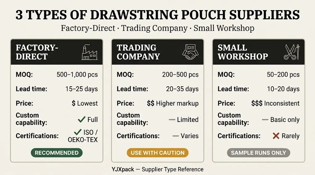 Drawstring pouch manufacturer types comparison factory direct trading workshop