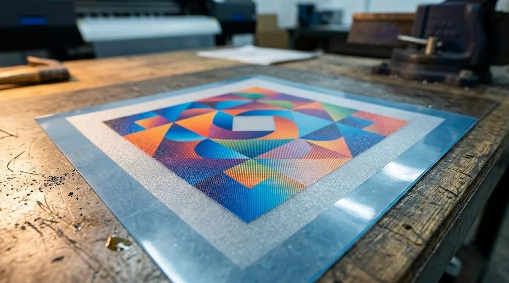 DTF printing process showing full color logo printed on PET transfer film ready for heat-press onto fabric