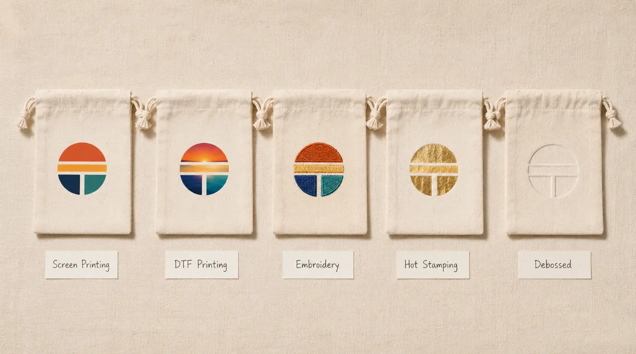 Logo printing cost comparison flat-lay showing five custom pouches with different decoration methods