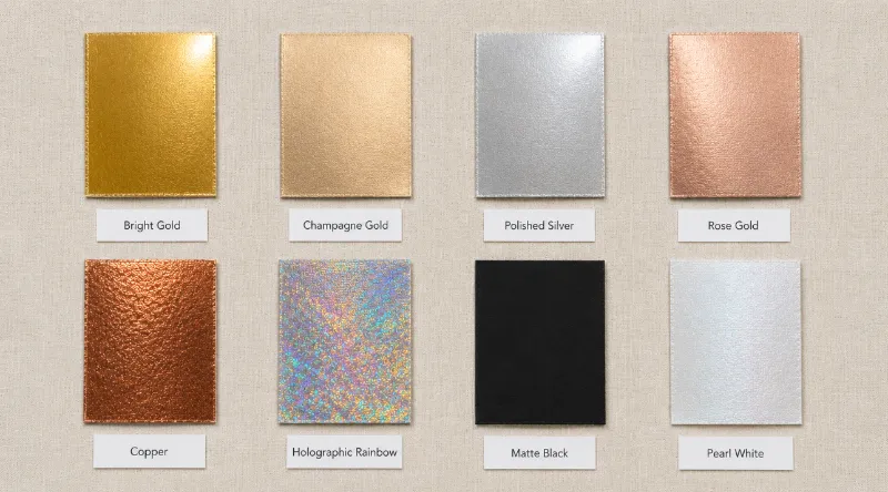 Hot stamping foil color swatches showing gold silver rose gold and holographic finishes for fabric pouches