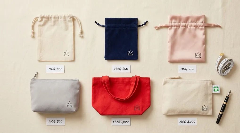 MOQ packaging comparison across pouch categories showing typical minimum order quantities for cotton velvet microfiber and satin bags