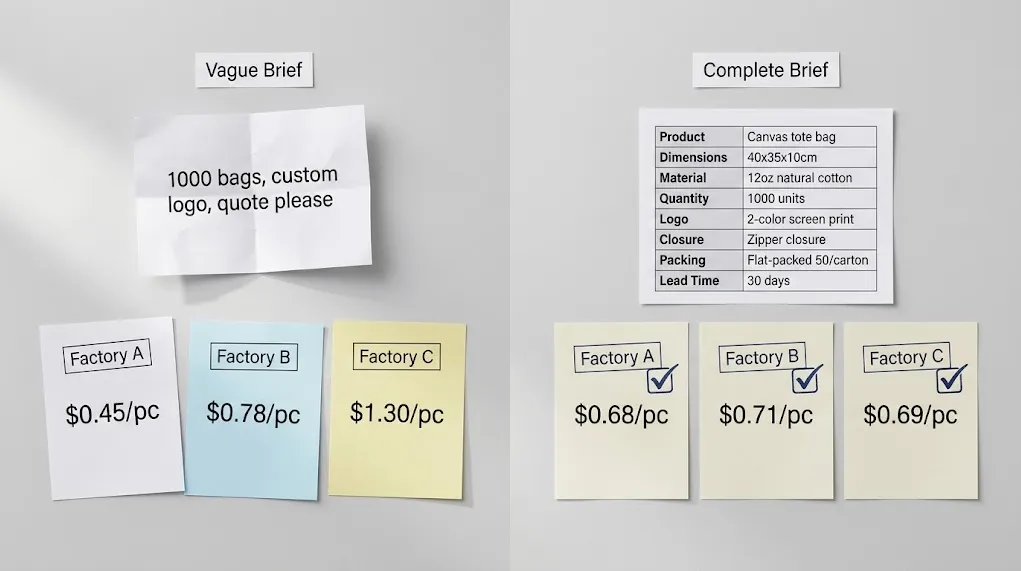 Packaging brief template comparison showing how vague specs lead to a 3x quote variation between factories