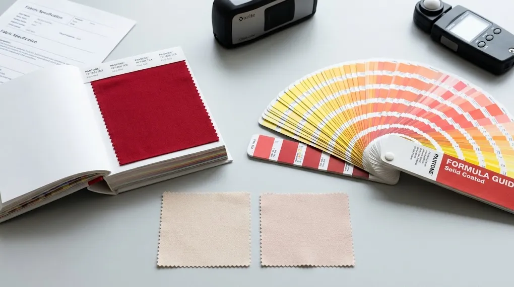Pantone color matching fabric comparison showing TCX swatches next to PMS coated fabric samples