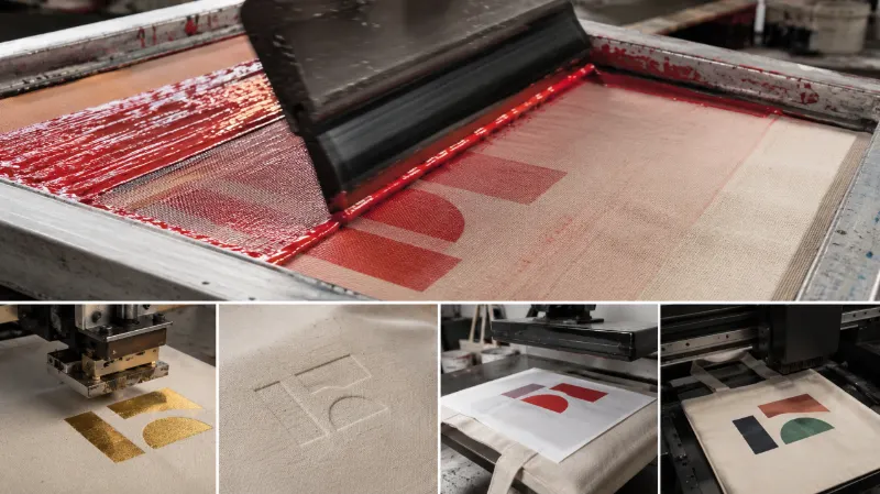 Screen printing fabric process showing squeegee pulling colored ink through a fine mesh screen onto cotton tote