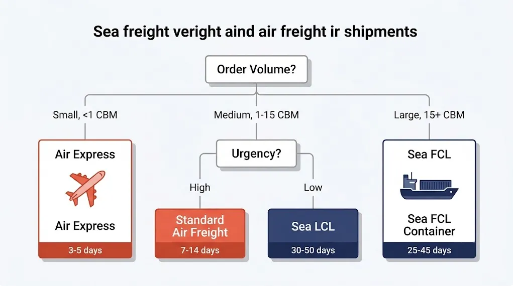 Packaging shipping cost decision flowchart showing when to choose sea LCL FCL or air freight by volume and urgency