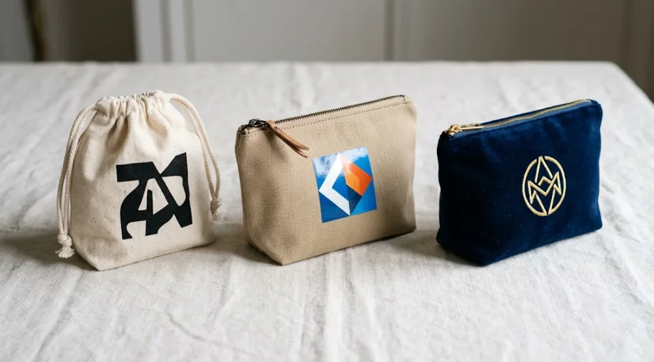 Three custom pouches side by side showing screen printed, heat transfer, and embroidered logos
