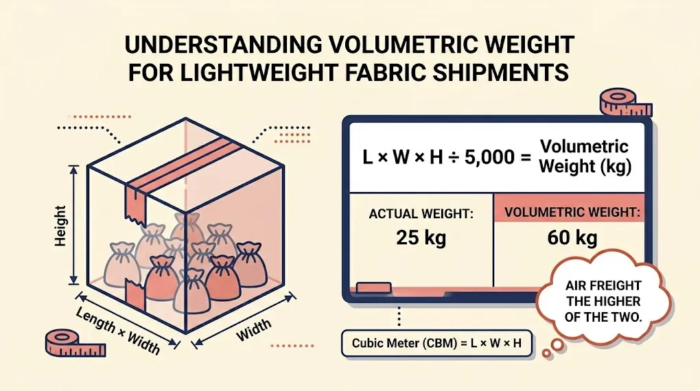 Freight cost per CBM and volumetric weight calculation diagram for fabric pouches showing how lightweight packaging gets billed