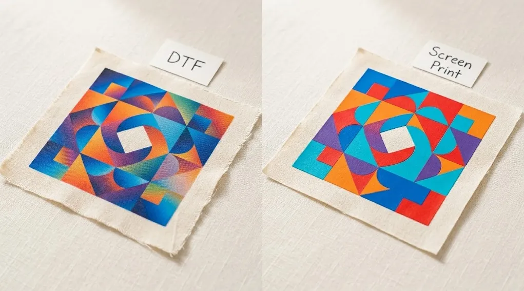 DTF printing vs screen printing comparison on cotton fabric showing color complexity and hand-feel difference