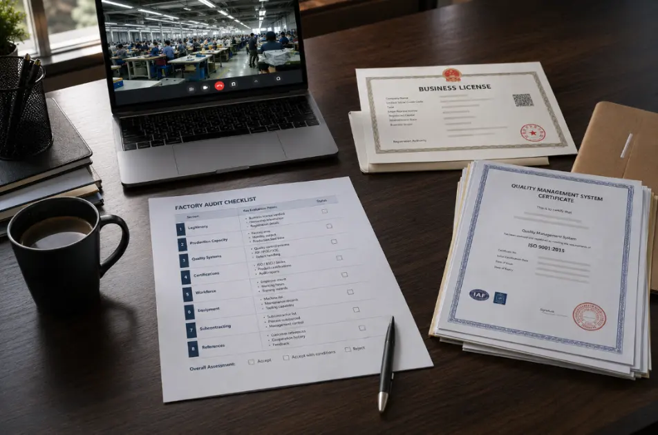 China factory audit checklist showing 8 verification points for production capacity quality systems and certifications