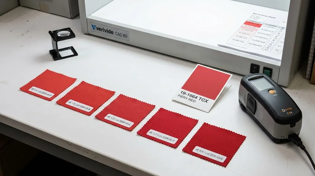 Pantone color matching workflow showing lab dip swatches with delta-E measurements for fabric approval