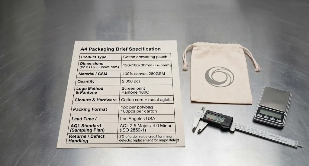 Perfect packaging brief template example showing all 8 elements filled in for a custom cotton drawstring pouch
