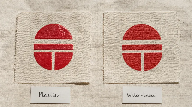 Plastisol vs water-based ink screen printing comparison on cotton fabric showing different finishes