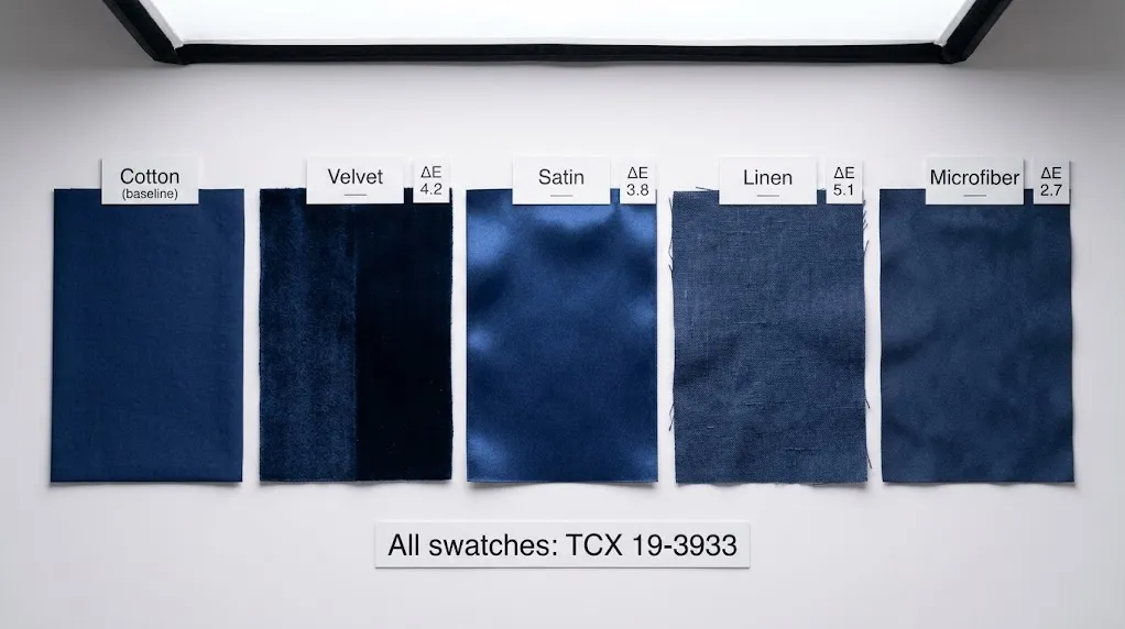 Pantone color matching showing one TCX code dyed on velvet cotton satin and linen with visibly different sheen