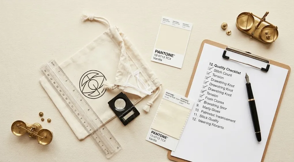 Custom packaging samples evaluation checklist showing detailed inspection of fabric stitching logo and finishing quality