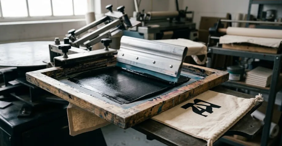Screen printing process showing ink being pulled across a mesh screen onto fabric
