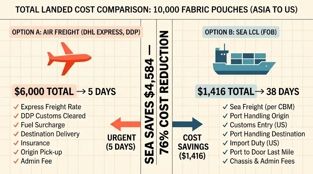 Packaging shipping cost real case study showing 10000 fabric pouches air freight versus sea LCL total landed cost breakdown