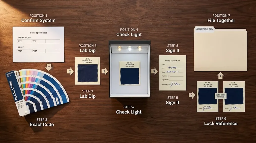 Pantone color matching 7-step supplier color spec workflow from TCX code to signed swatch
