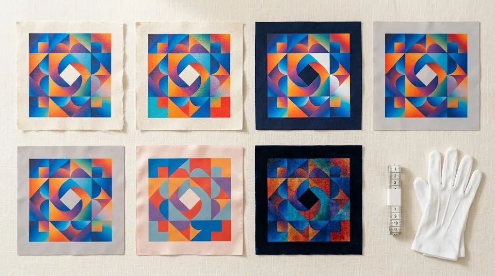 DTF printing fabric material matrix flat-lay showing transfer results on cotton canvas polyester and microfiber samples