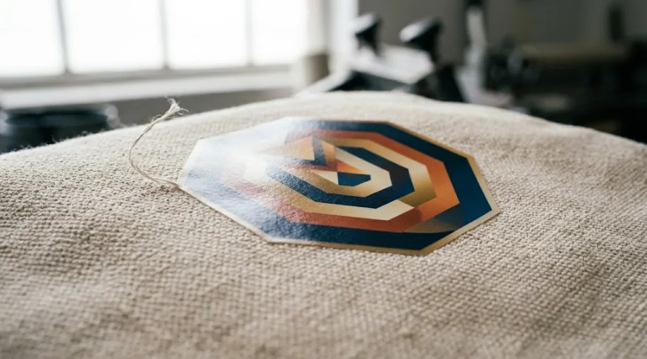 Close-up of a heat transfer logo applied to a canvas tote bag