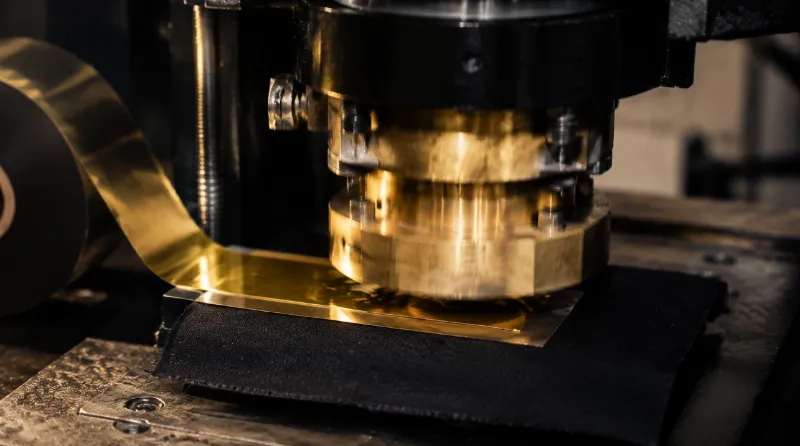 Hot stamping fabric process showing foil ribbon and heated die pressing gold foil onto a velvet surface