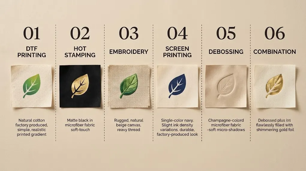 Logo printing cost decision matrix flat-lay showing five methods organized by quantity and complexity