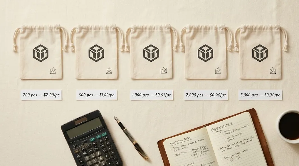 Moq Cost Tier Comparison Flat Lay MOQ packaging cost tier comparison showing same pouch produced at different order quantities with unit price breakdown