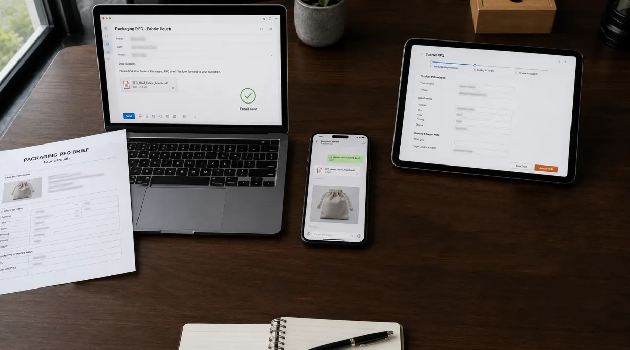 Packaging Rfq Sending Channels Packaging RFQ submission channels showing email WeChat and Alibaba options for sending custom pouch quote requests