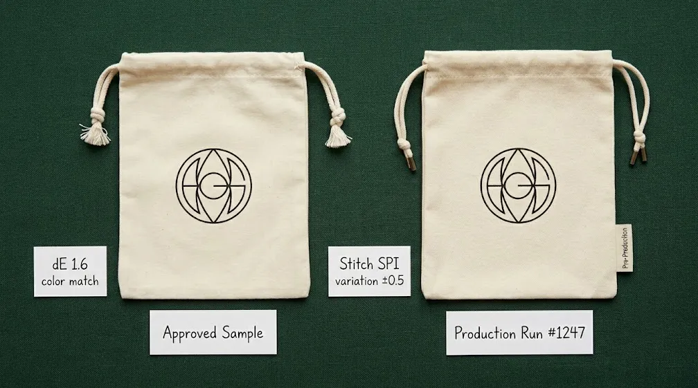Sample to Production Variation Comparison Custom packaging samples versus production pieces comparison showing realistic variation between sample and bulk order