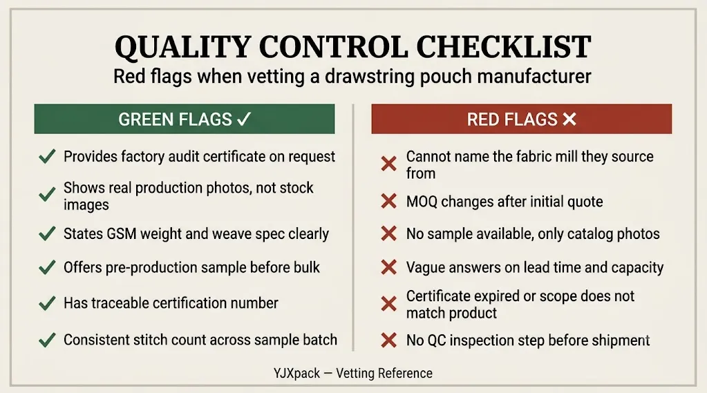 Drawstring pouch manufacturer quality control checklist inspection