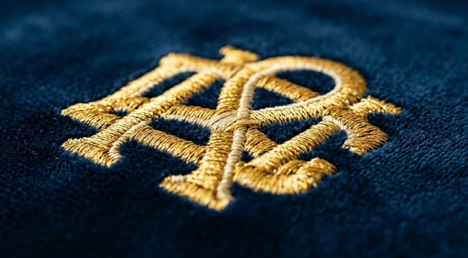 Macro view of embroidered logo stitching on a velvet pouch showing thread texture