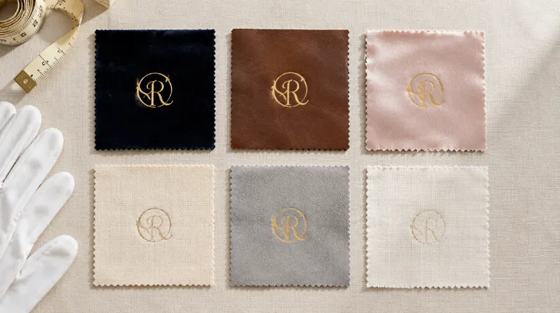 Hot stamping fabric material matrix flat-lay showing foil results on velvet leather satin canvas and microfiber samples