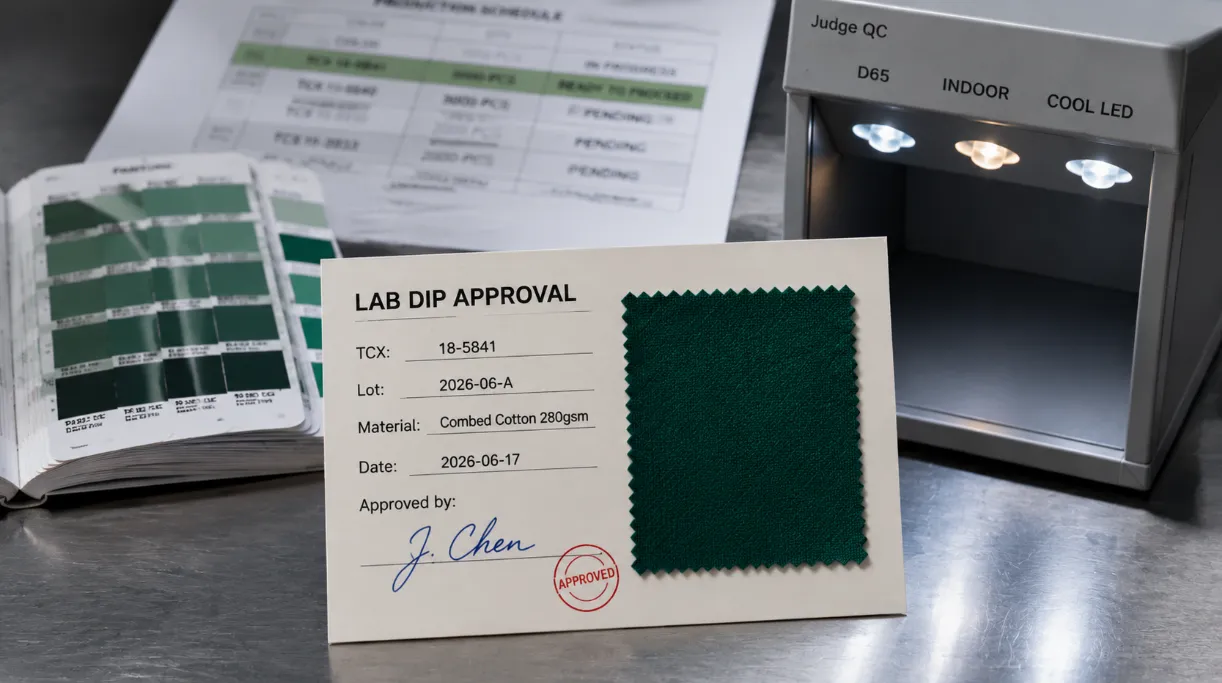 Lab dip color approval process showing signed TCX reference swatch with approval stamp and date
