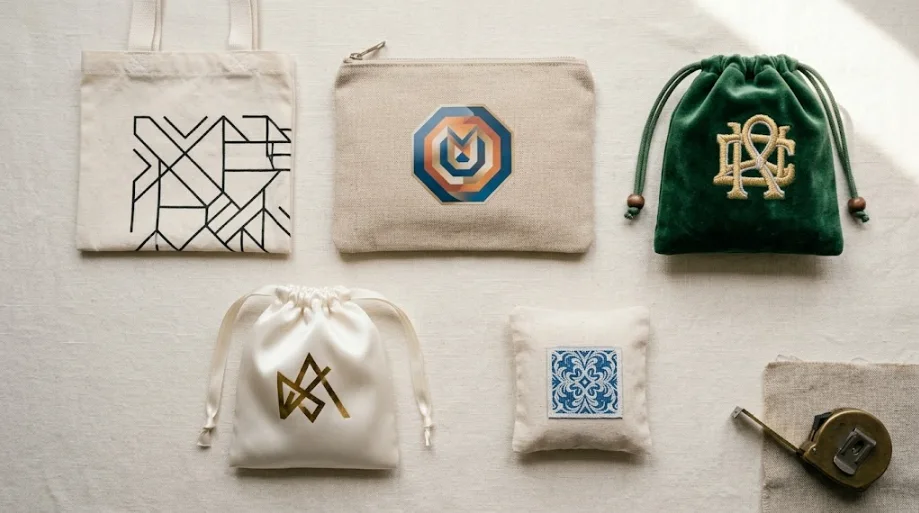 Three custom pouches photographed from above showing the logo method decision matrix