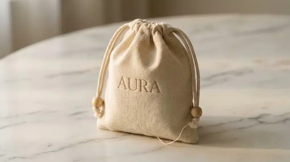 Custom Cotton Drawstring Jewelry Pouch with Debossed Logo Closeup Blog Close-up of a natural cotton drawstring jewelry pouch with a debossed brand logo on the front panel, cotton cord with wooden bead aglet