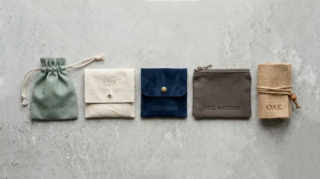 Five Jewelry Pouch Styles Side by Side Comparison Flat Lay Blog Five different jewelry pouch styles — drawstring, envelope, flap, zipper and roll — arranged side by side on a light stone surface