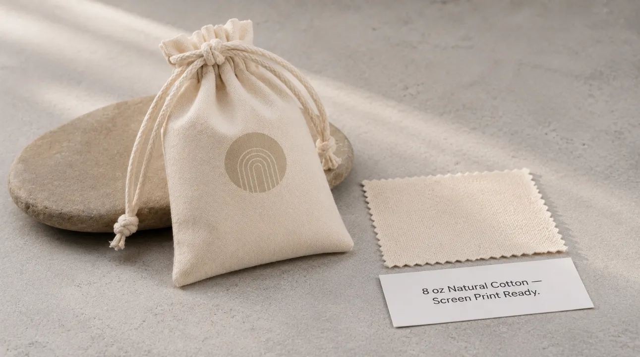 Cotton drawstring pouch custom branded product scene natural background